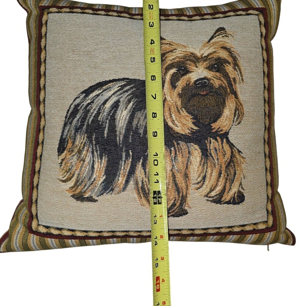 Vintage Borgata Yorkie Tapestry Throw Pillow 14" With Striped Border Dog Lover - Picture 11 of 11